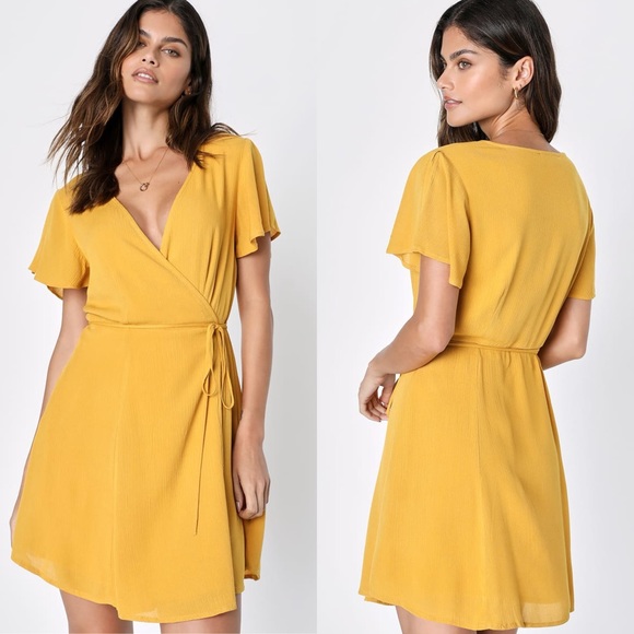 NWT Lulus Harbor Point Mustard Yellow Flutter-Sleeve Mini Wrap Dress - Picture 1 of 12